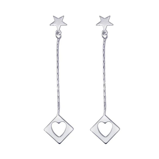 Silver 925 Rhodium Plated Wired Dangling Square Open Heart Stud Earrings