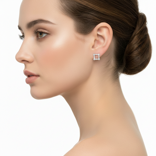 14K White Gold Square Shape Earrings, TDW:0.18ct VS GH