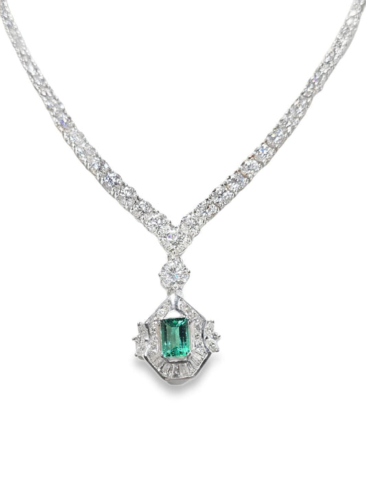 Customized V-Shaped Tennis Necklace with Colombian Emerald Charm. Charm: 18K Certified Gold with 1.82ct Natural Colombian Medium Green AAA Emerald & 1.46ct Diamonds (VS1-SI1, G-I)., Tennis Chain: 14K White Gold with 153 Round Lab-Grown Diamonds (20.7ct, E