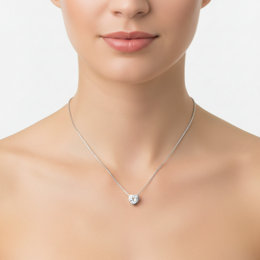 Rhodium Plated Heart Clear CZ Solitaire Necklace