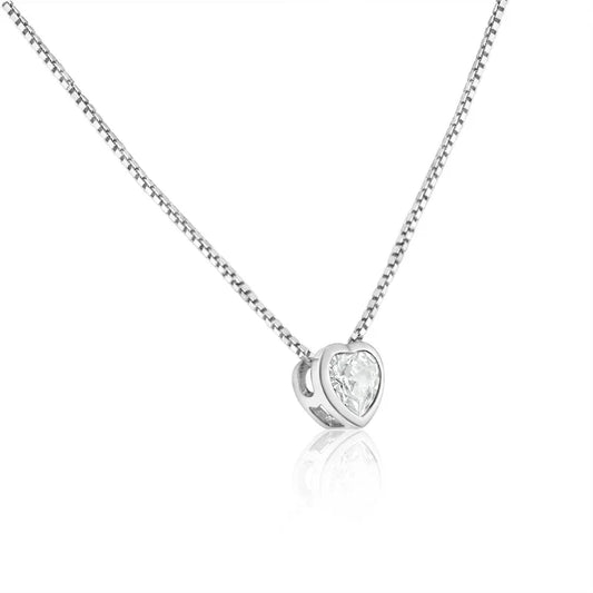 Rhodium Plated Heart Clear CZ Solitaire Necklace