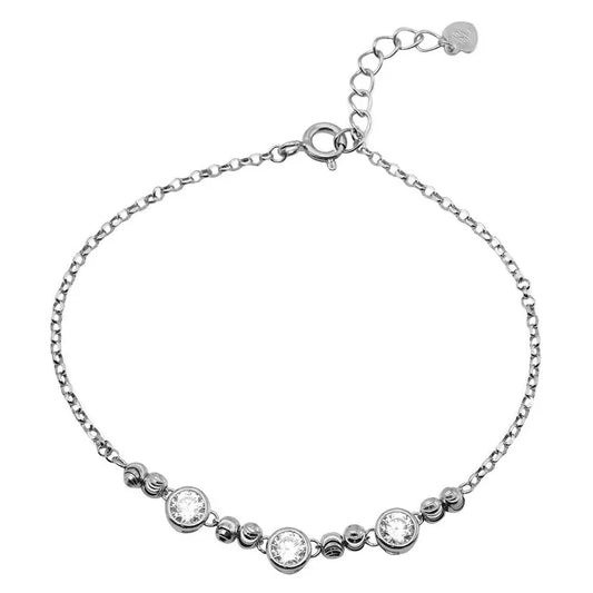 Rhodium Plated 925 Sterling Silver Beaded 3 Stones Link Bracelet