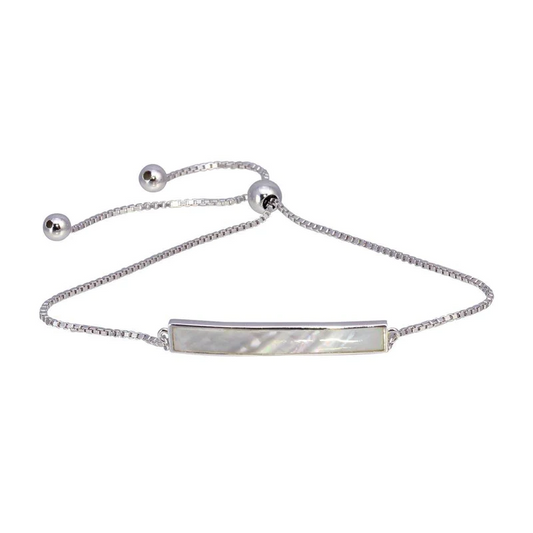 Sterling Silver Rhodium Plated Synthetic Mother of Pearl Bar Chain Lariat Bracelet - GMB00067