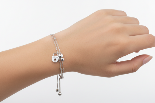 Sterling Silver Rhodium-Plated Sterling Silver Layered Lock and Key Chain Lariat Bracelet