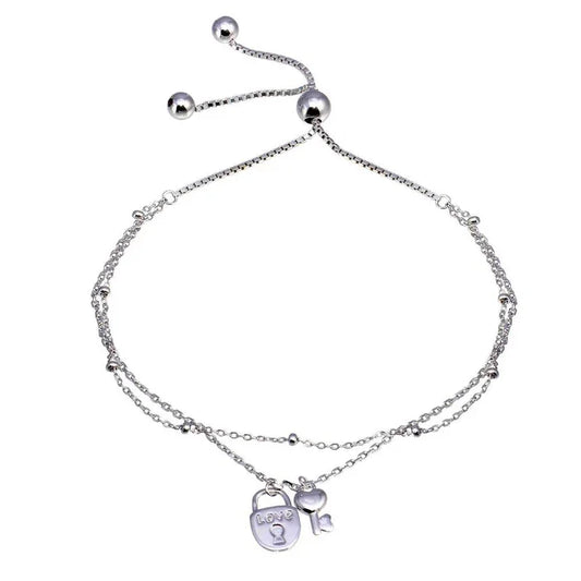 Rhodium Plated 925 Sterling Silver Layered Lock and Key Chain Lariat Bracelet