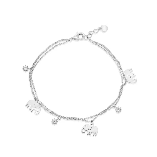 Rhodium Plated 925 Sterling Silver Elephant and Clear CZ Charms Adjustable Bracelet