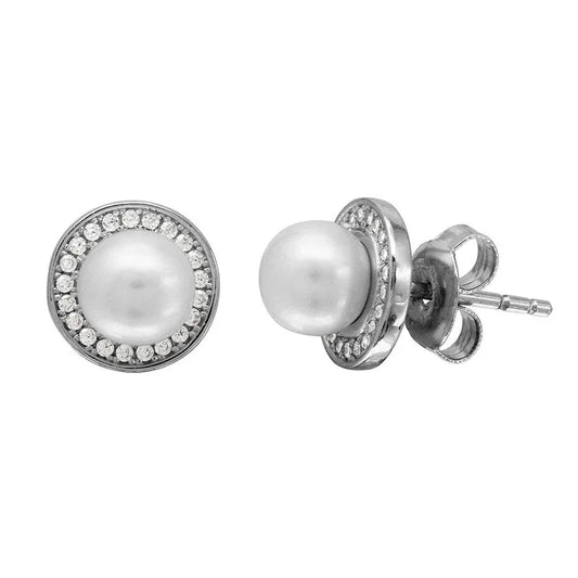 Rhodium Plated 925 Sterling Silver Halo CZ Stud Earrings with Fresh Water Center Pearl