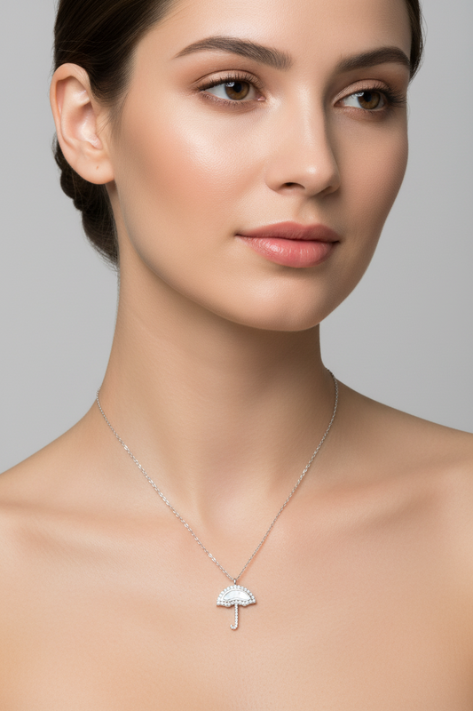 925 Sterling Silver Rhodium Plated Umbrella Synthetic Mother of Pearl Adjustable Necklace, 16-18inch