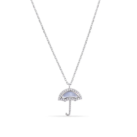 925 Sterling Silver Rhodium Plated  Umbrella Synthetic Mother of Pearl Adjustable Necklace, 16-18inch
