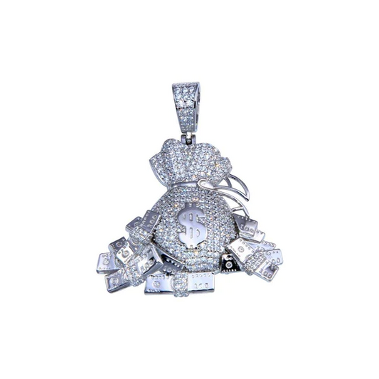 Rhodium Plated 925 Sterling Silver CZ Cash Bag Pendant