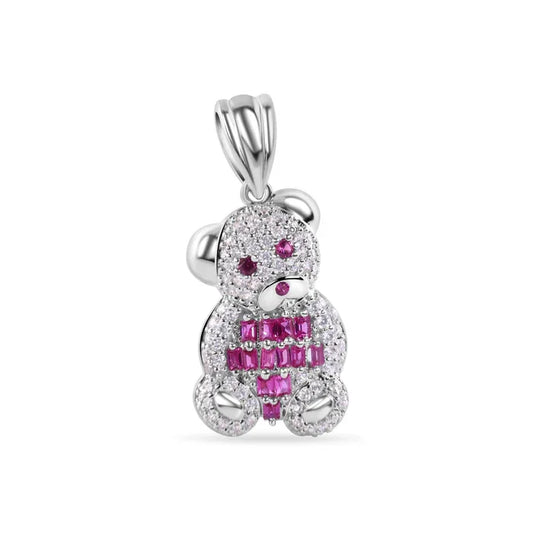 Rhodium Plated 925 Sterling Silver Small Teddy Bear Red Baguette and Clear CZ Pendant