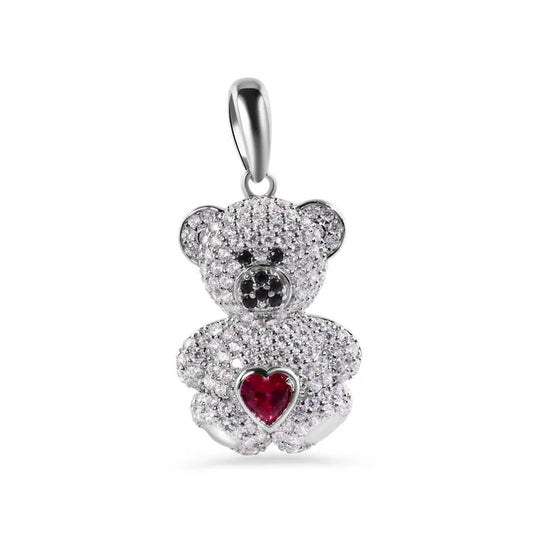 Rhodium Plated 925 Sterling Silver Teddy Bear Red Heart Black and Clear CZ Pendant
