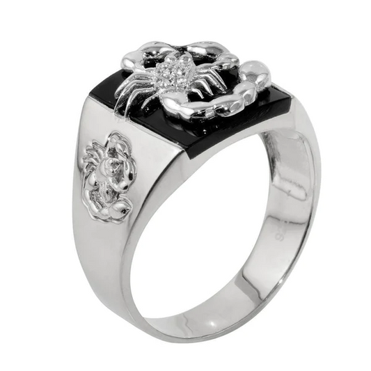 Sterling Silver Rhodium Plated Square Scorpion Ring with CZ