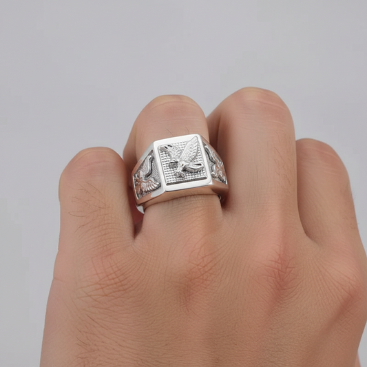925 Sterling Silver Rhodium Plated Men's American Eagle 11.6mm x 22.2mm Ring
