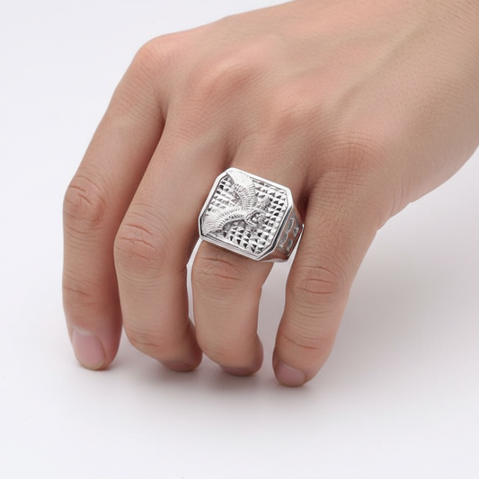 925 Sterling Silver Rhodium-Plated Eagle Octagon Ring
