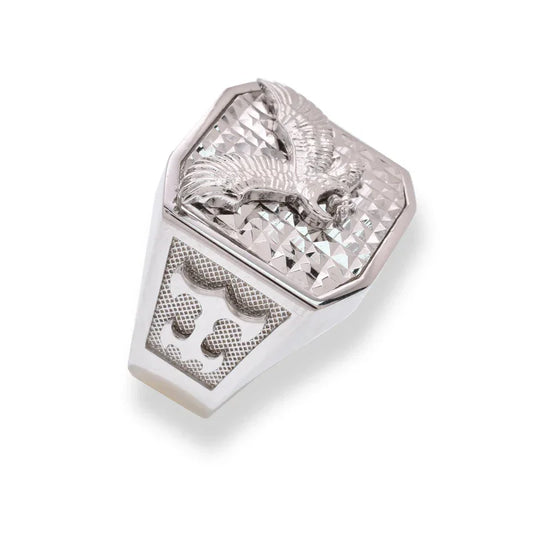925 Sterling Silver Rhodium Plated Men's Diamond Cut Eagle Octagon 18.9mm x 18.3mm Ring