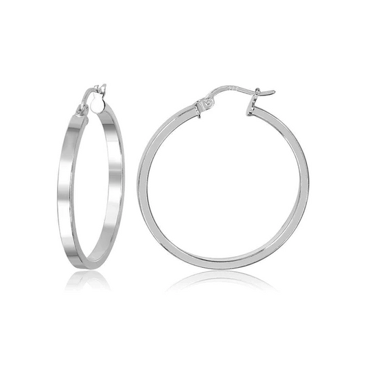 Silver Square Flat Hoop Earrings 3mm Wide , 35mm