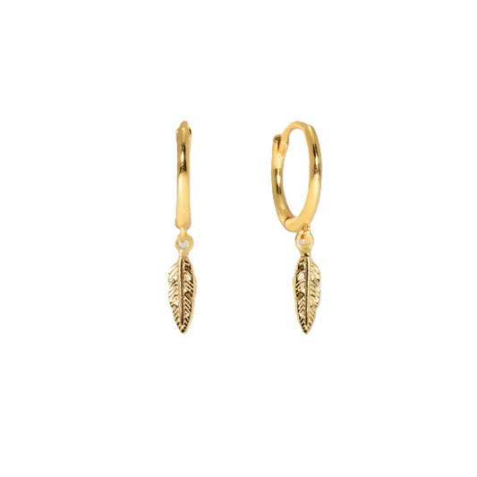 Yellow Gold Huggies with hanging Feather , 18k, 2.39gr