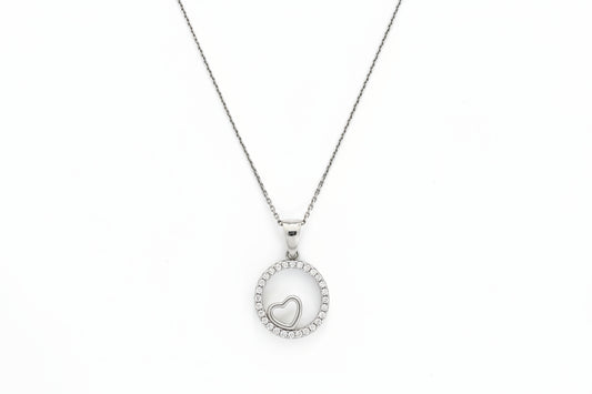 Sterling Silver 925 A Circle with Heart Necklace Set with Cubic Zirconia