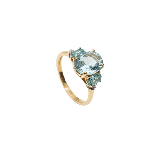 10K Yellow Gold Ring with Three Blue Topaz and Diamonds, T: 2.78ct