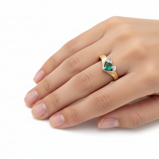 10k Yellow Gold Round Emerald Setting Heart Shaped Ring, E:0.07ct