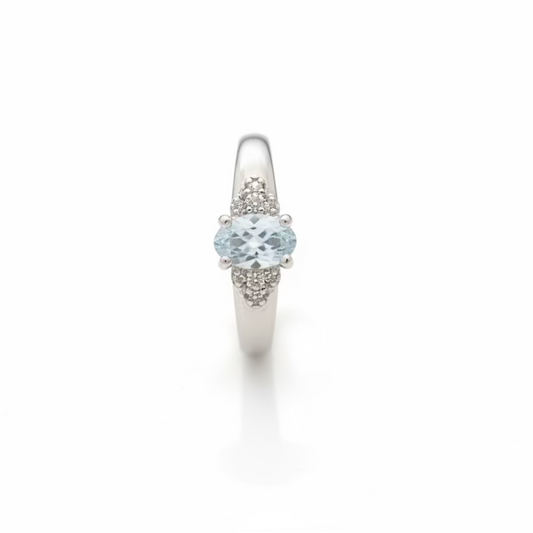 10K White Gold Oval-Cut Blue Topaz Ring with Pavé Diamond Accents