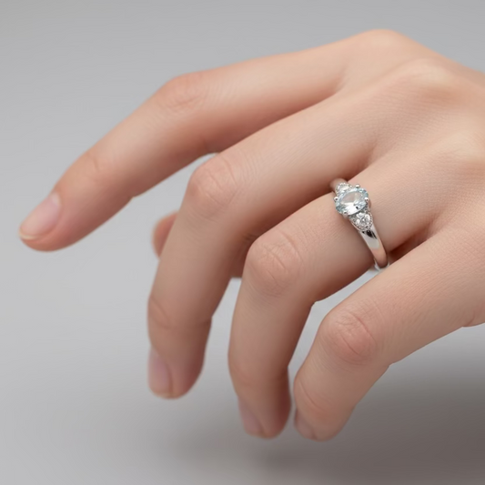 10K White Gold Oval-Cut Blue Topaz Ring with Pavé Diamond Accents