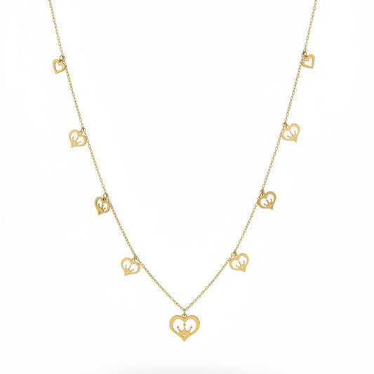 18k Yellow Gold Heart Station Necklace with Crown Accents