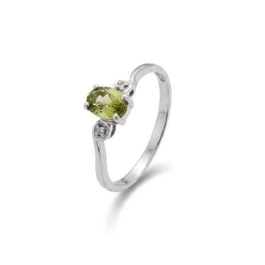 10K White Gold Peridot Three Stone with Diamond Accents Ring