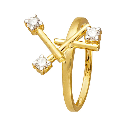 Yellow Gold Ring Geometric style setting with three Round Diamonds TDW: .026ct 14k