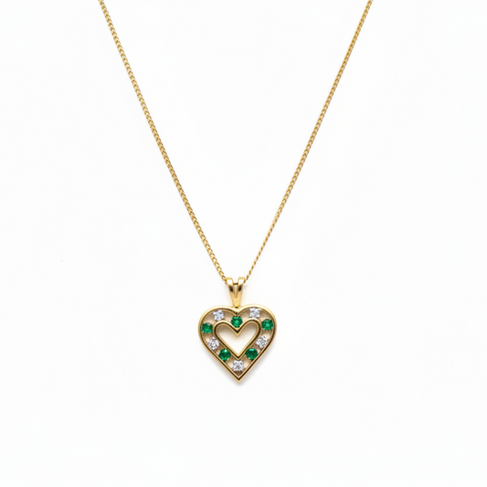 10K Yellow Gold Emerald and Diamond Heart Necklace, E: 0.05ct, TDW: 0.035ct, SI, H