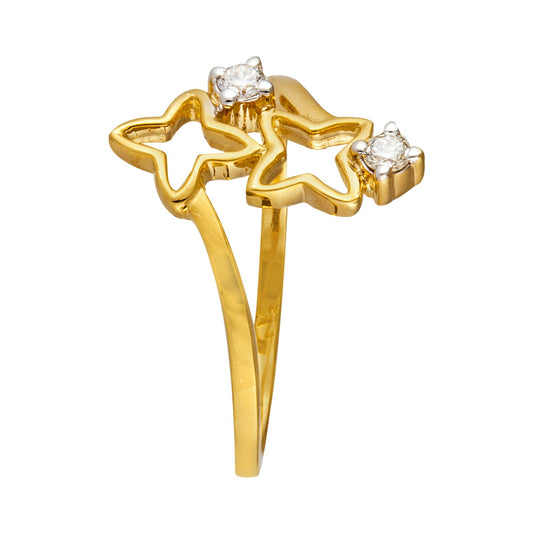 Yellow Gold Ring setting with two stars and Two Natural Diamonds TDW:0.1ct 14k 1.98gr