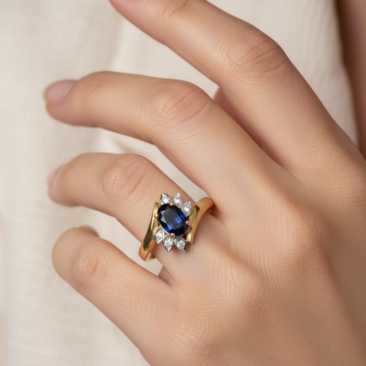 10K Yellow Gold Oval Sapphire & Diamond Floral Cluster Ring