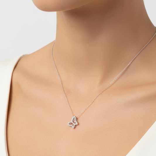 10k White Gold Butterfly Diamond Pendant Necklace