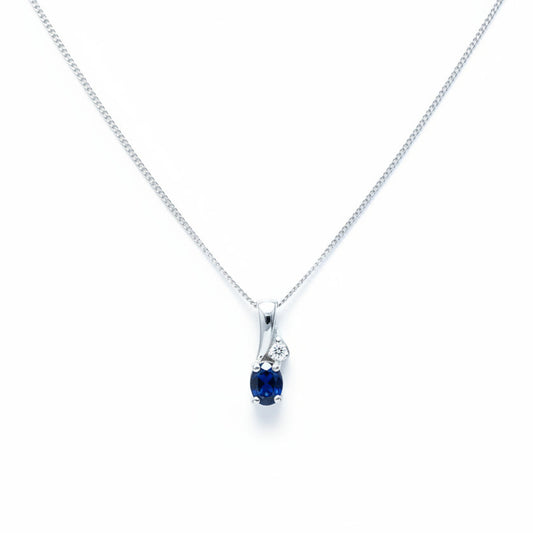 10k White Gold Diamond and Oval shaped Sapphire Pendant Necklace