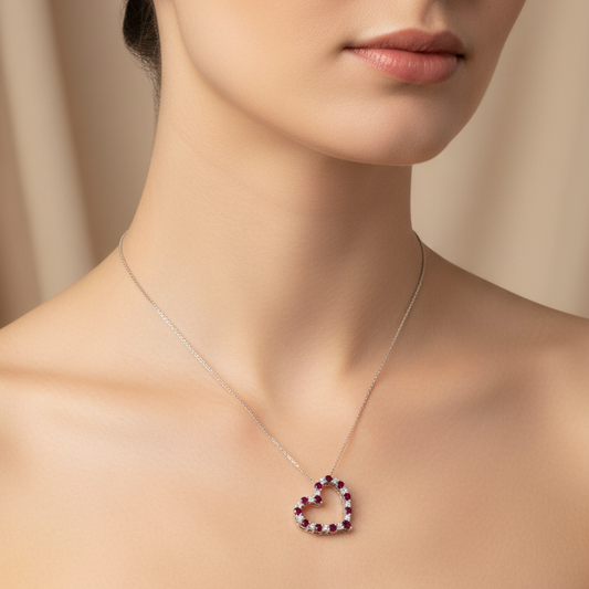 925 Sterling Silver Ruby and Diamond Heart Necklace