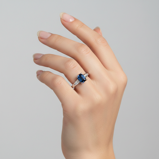 10K White Gold Emerald Cut Sapphire with Diamond Ring, S:0.72ct