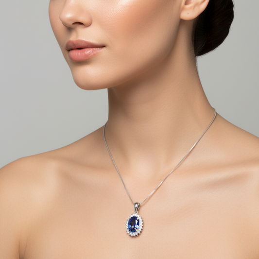 18K White Gold Oval Cut Tanzanite with Diamond Necklace