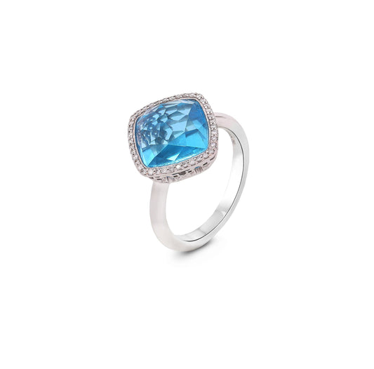 18K White Gold Cushion Cut Blue Topaz and Diamond Ring