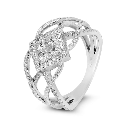 White Gold Wide Wave Shaped Pave' Diamond Ring with Princess Cluster Invisible Setting in Centre. 18K, 5.6GR,TDW: 1.13ct VS EF