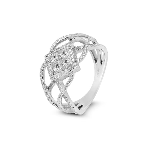 White Gold Pave' Diamond Ring with Princess Cluster Invisible Setting . 18K, TDW: 1.13ct VS EF