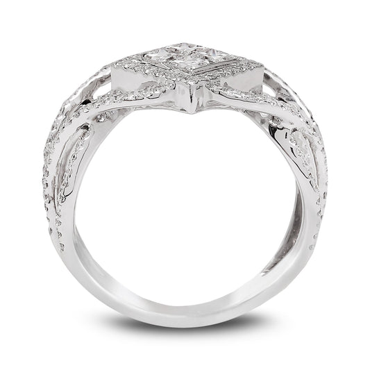 White Gold Wide Wave Shaped Pave' Diamond Ring with Princess Cluster Invisible Setting in Centre. 18K, 5.6GR,TDW: 1.13ct VS EF