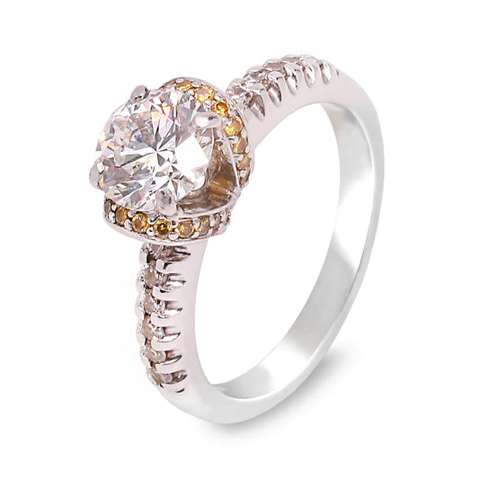 White Gold Engagement Ring with White and Yellow Diamonds. 18k, Centre: 1ct, VS2 F., Y: 0.36ct. TDW: 1.6ct