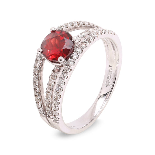 White Gold Triple Shoulders Garnet and Diamond Ring. Garnet: Round Shape 0.75ct. Diamond: 58 Round Diamonds on Shoulders. TDW: 0.58ct, GH, SI