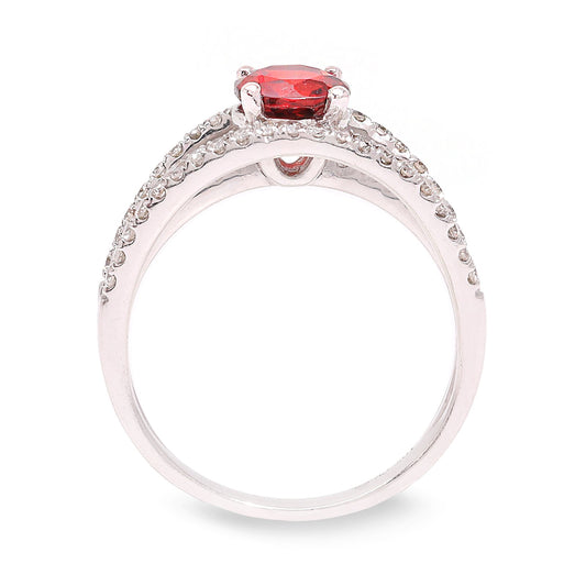 White Gold Triple Shoulders Garnet and Diamond Ring. Garnet: Round Shape 0.75ct. Diamond: 58 Round Diamonds on Shoulders. TDW: 0.58ct, GH, SI