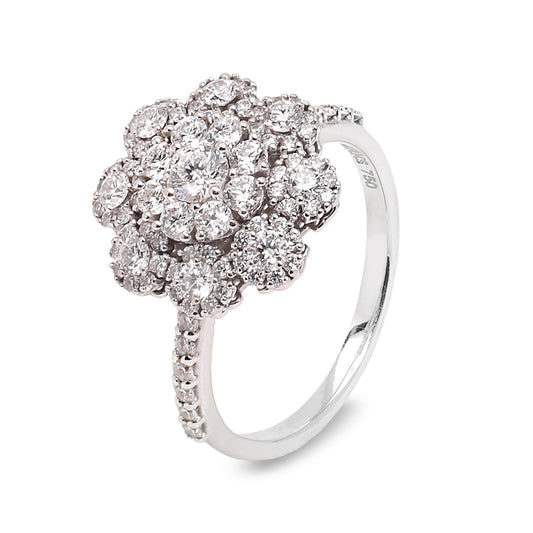 Diamond Blossom Cluster Ring in White Gold. 18k,  TDW: 1ct, VS1-2, EF