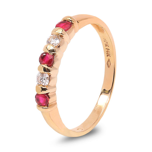 Yellow  Gold Band with Three Ruby and Two Diamond. 14k,  R: 0.24ct, TDW: 0.08ct