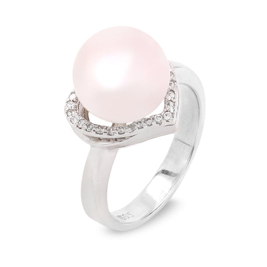 White Gold Ring with Heart Shape design setting with one Freshwater Pearl and Diamonds , 14k,  Pearl : 9.9mm Freshwater. Set with 35 Natural Round Diamonds, TDW: 0.25ct, GH, SI