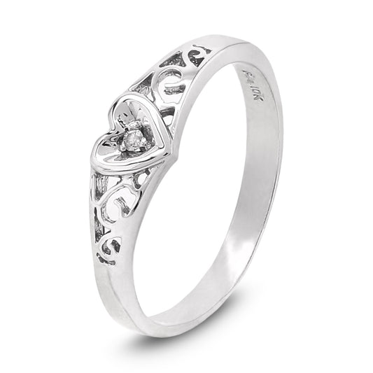 Romantic Heart-Cut White Gold Ring with Filigree Detailing, 10k