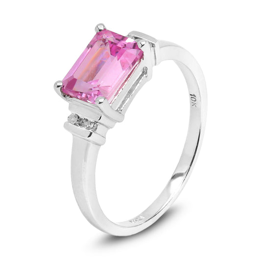 Pink Reverie: The Emerald-Cut Blossom Ring, White Gold 10k set with Pink Topaz and Diamonds